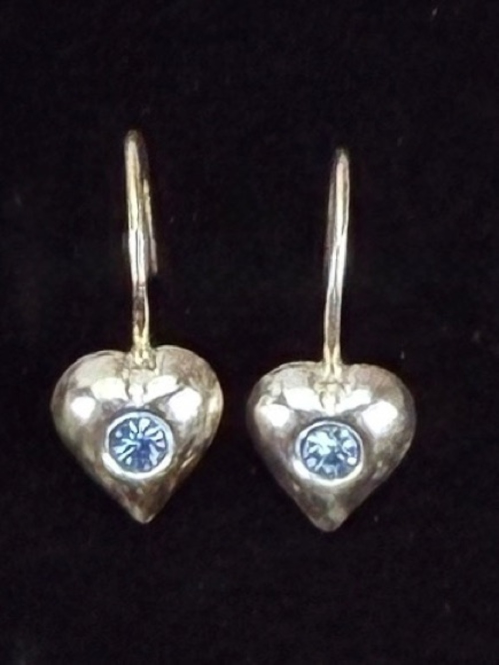 Dainty Silvertone Heart Drop Pierced Earrings with Blue Accent